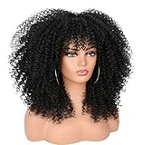 ANNISOUL 16Inch Curly Wigs for Black Women Black Afro Bomb Curly Wig with Bangs Synthetic Fiber Glueless Long Kinky Curly Hair