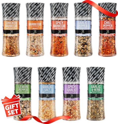 Soeos Spice Seasoning Set of 9 with Integrated Grinders, Individual Spice Grinder, Pure and Fresh Perfect for BBQ Seasoning Gift Set, Grilling Spice, Pepper Grinder,colorful