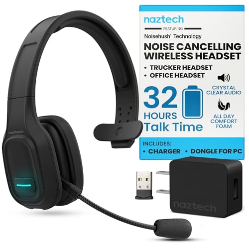 Naztech NXT-700 Trucker Headset Bluetooth Wireless - Noise Cancelling, HD Sound, Adjustable Headband, & Memory Foam Ear Cups for All-Day Comfort, Office Headset with Mic - Black