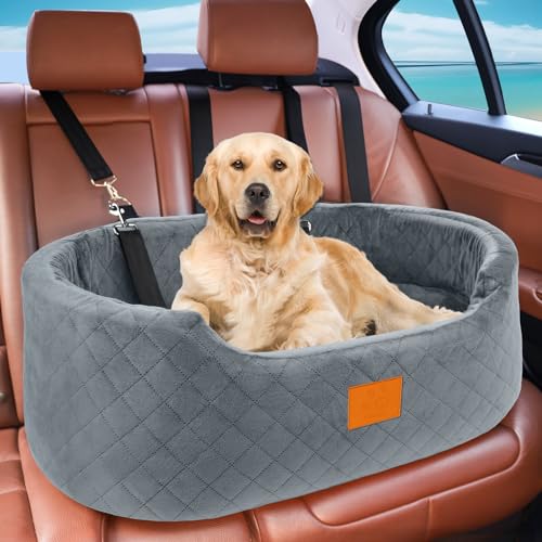 Feporen Dog Car Seat for Medium & Large Dogs up to 55 lbs, Elevated Booster Seat with Anti-Slip Base, Detachable & Machine-Washable Pet Car Bed for SUV/Sedan (Gray)