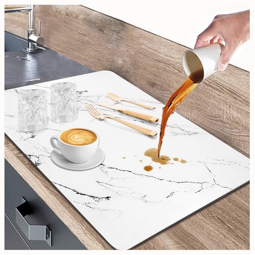 White Dish Drying Mat, 24"x16" Dish Draining Mat with Non-slip Rubber Backed, Absorbent Heat Resistant Dish Drying Mats for Kitchen Counter, Easy to Clean Coffee Machine Dish Rack Pad (White)