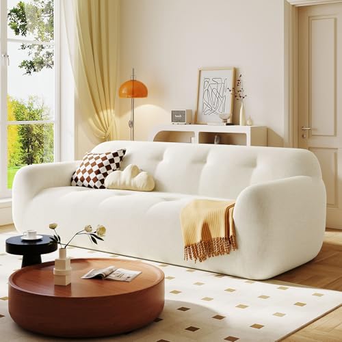 TDVFGDF 85.8" Wide Chenille Fabric 3-Seater Sofa, 23.6" Seat Depth Compression Sofa with Powder-Free Foam and Pocket Spring, Tufted Sofa for Living Room, No Assembly (White)