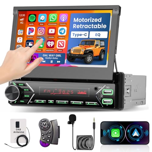 Fuluku 7 inch Motorized Retractable MP5 Wireless carplay Single Din Car Stereo with Android Auto, 1080P Touch Screen 1 Din Radio Bluetooth/FM/SWC/Mirror Link Backup Camera MIC