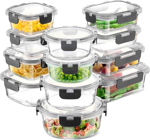 FineDine 24 Piece Glass Storage Containers with Lids - Leak Proof, Dishwasher Safe Glass Food Storage Containers for Meal Prep or Leftovers, Gray