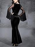 LANSHULAN Gothic Contrast Mesh Flounce Sleeve Velvet Mermaid Hem Dress Clothes