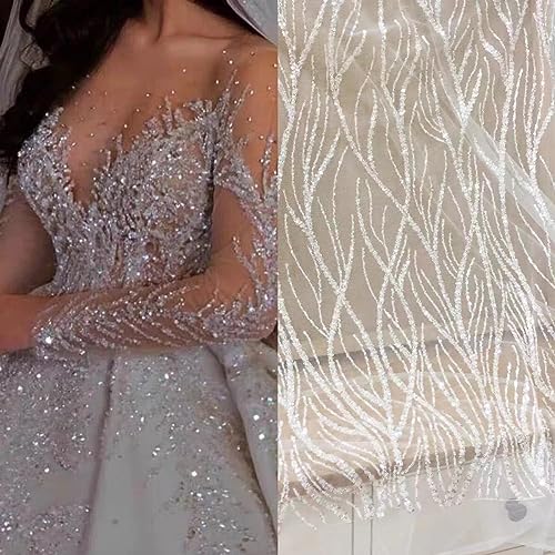 Beautiful Heavy Industry Beading Sequin Striped Wedding Dress Lace High-end Embroidery and DIY Accessories Lace W-5869H (3 Yards)