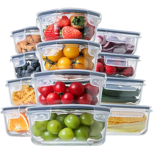 HOMBERKING 24pc Glass Food Storage Containers with Lids, Glass Meal Prep Containers, Airtight Glass Bento Boxes, BPA Free & Leak Proof, Pantry Kitchen Storage(12 lids & 12 Containers) - Gray