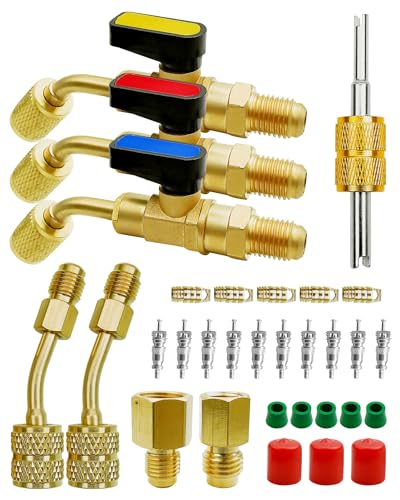 Refrigerant Angled Compact Ball Valve HVAC Low Loss Fitting Fit for R410A R134A R12 R22 w/ R410A Adapter, R134A Refrigerant Tank Adapter and Vacuum Pump, Valve Core and Remover for Mini Split System