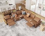 AMERLIFE Reclining Sectional Sofa, Power Recliner with Console& Dual Recliner, 7 Seats L Shaped Recliner Sofa with Cup Holder& Charging Port, Leather Modular Couch for Living Room