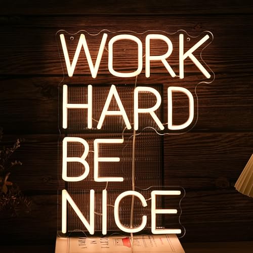 BNEMCEZH Work Hard Be Nice Neon Sign for Wall Decor Warm White Neon Light Powered by USB Dimmable LED Letters Neon Light Sign for Office Study Room Classroom Bedroom Meeting Room Neon Decor