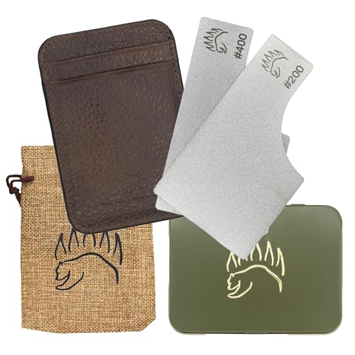 2X Dual Grit Diamond Sharpening Stone + Leather Wallet Strop | By The Bear Essentials | Pocket Credit-Card Sized Field Sharpener for Camping, Bushcraft, Outdoors, Survival, EDC - Light Brown