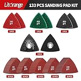 Litorange 133 Pcs Oscillating Tool Sanding Pad Kit, 2 Pcs Triangle Sanding Pads and 125 Pcs Multitool Sandpaper, 6 Pcs Triangular Scrubbing Pads for Surface sandi