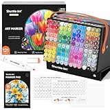 Shuttle Art 121 Colors Alcohol Markers, 120 Colors Dual Tip Art Marker Set Plus 1 Colorless Blender with Marker Case Perfect for Illustration Students Adult Coloring Sketching