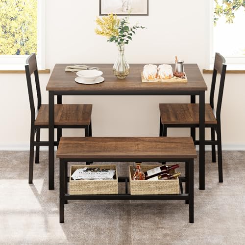 GarveeHome Dining Table Set for 4 with Bench, Kitchen Table Set with Bench, Dining Room Table Set with Storage Racks, Table and Chairs Set for Small Apartment, Kitchen, Dinette Table Set, Brown