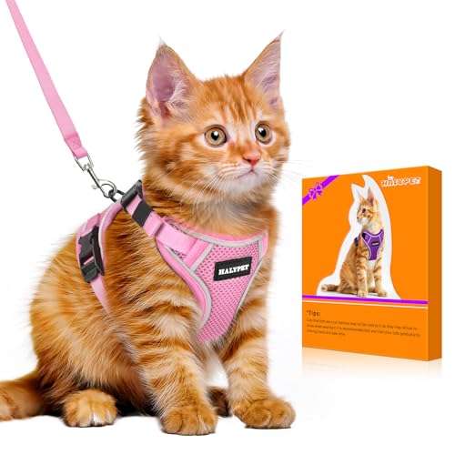 Halypet Cat Harness and Leash Set [MAX Safety 4th-Gen Upgrade] Escape Proof Adjustable Cat Leash Comfortable Soft Vest Easy to Wear Kitten Harness with Reflective Strip for Cats Walking, S Pink