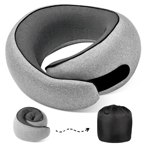 4litamz Travel Neck Pillows, 100% Memory Foam Filling, Travel Pillows for Airplanes, Compact and Ergonomic Design, Best for Sleeping Plane Train Travel Essentials (Light Grey)