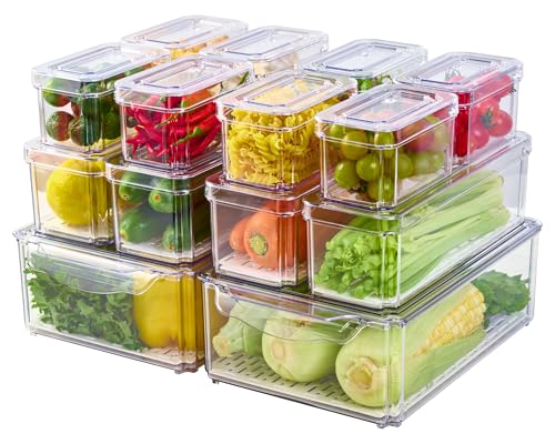 JollyPack 14 Pack Fridge Organizers, Refrigerator Organizer Bins with Lids, BPA Free Stackable Fruit Storage Containers for Fridge, Vegetables, Food and Drinks