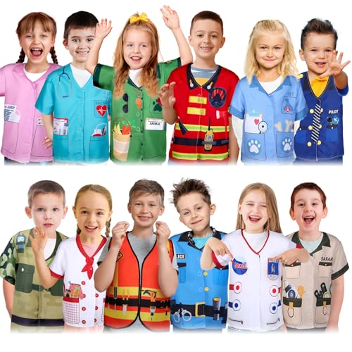 Jiuguva 12 Pcs Kids Role Play Costume Dress up Clothes Cosplay for Kids Community Helper Career Costumes Doctor Construction Workers Fireman Police Career Day Pretend Play