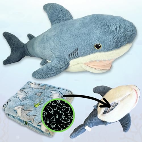 Shark Stuffed Animal with Blanket Inside: 3-in-1 Pillow, Blanket, and Friend - Lovable 29" Shark Plush with 60"x40" Detachable Glow-in-The-Dark Cozy Shark Blanket! (Shark)