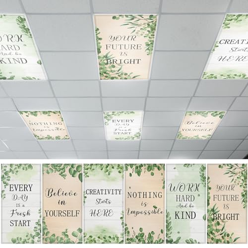 6pcs Fluorescent Light Covers, 4 x 2 Feet Magnetic Light Cover Eucalyptus Motivational Fluorescent Lights Shade Panel Greenery Positive Ceiling Lights Filters for Office Classroom Home Drop Ceiling