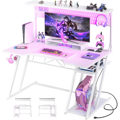 Armocity Gaming Computer Desk with Power Outlets, Gaming Desk with Hutch and LED Lights, Reversible PC Gaming Desk with Pegboard, Carbon Fiber White, 47"