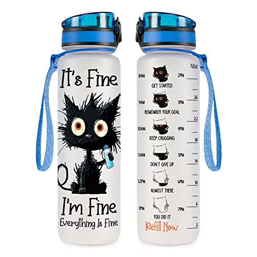Crazy Cat Water Bottle 32 oz Tritan Plastic, Its Fine Everything Is Fine Water Bottle, Funny Birthday Mothers Day Halloween Christmas Gifts for Pet Lovers Cat Mom Lady Women