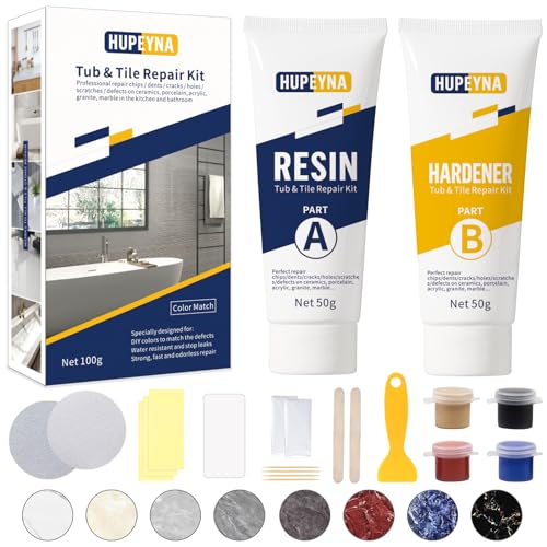 Tub, Tile and Shower Repair Kit (Color Match), Hupeyna Porcelain Repair Kit, Bathtub Repair Kit for Chips Dents Cracks Holes Scratchs, etc. Fiberglass Repair Kit - Offer More Color Options