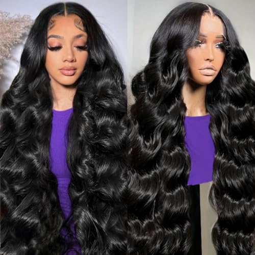 30 Inch 13x6 Body Wave Lace Front Wigs Human Hair 200 Density HD Lace Front Wigs Human Hair Pre Plucked Brazilian Virgin Human Hair Wigs for Women Glueless Lace Frontal Wig Natural Black Body Wave Wig