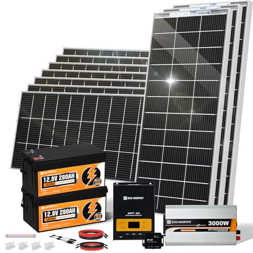 ECO-WORTHY 8KWh 2000W Solar Power Kit System for Home: 10pcs 195W Bifacial Solar Panel+ 2pcs 12.8V 280Ah Lithium Battery with Bluetooth+ 60A MPPT Controller+3000W Pure Sine Wave Inverter