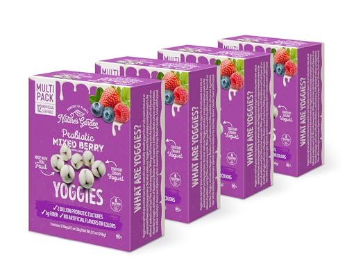 Nature's Garden Probiotic Mixed Berry Yoggies 12 x 0.7oz (Pack of 4) Yogurt Covered Fruit Snacks, High Fiber, Real Fruit Pieces, Office Snack Variety Packs For Adults, No Artificial Ingredients, Gluten Free