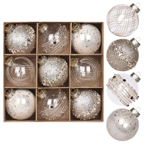 RoseCraft 8CM/3.14" Champagne Christmas Ball Ornaments Set, 9PCS Plastic Shatterproof Christmas Tree Hanging Decorations, for Indoor Xmas Home Holiday Party Decor.