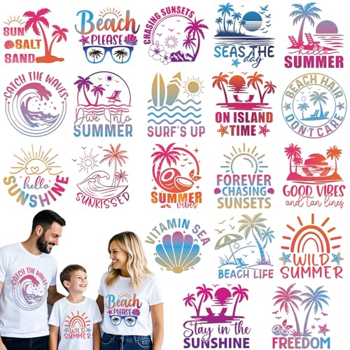 Dazoratix Summer Iron on Transfers - 20 Sheets Beach Sunset Ready to Press Sunset Colorful Funny Heat Transfer Stickers Patches Vinyl Appliques Decals for Clothing Clothes Bag Hat Decoration DIY Craft