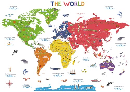 DECOWALL DLT-1616N Colourful World Map Kids Wall Decals Wall Stickers Peel and Stick Removable Wall Stickers for Kids Nursery Bedroom Living Room (XLarge)