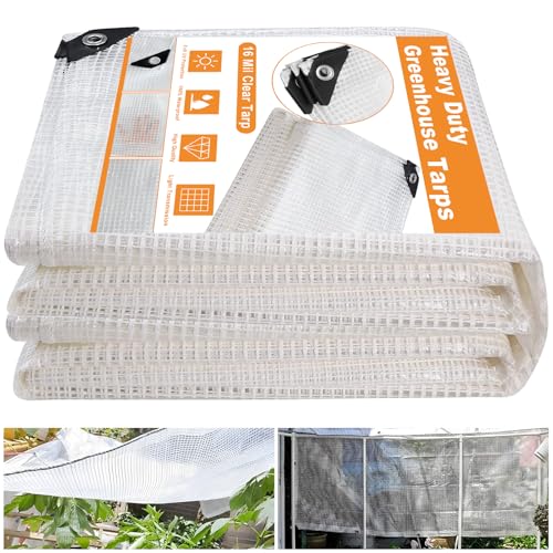 16 Mil Greenhouse Cover,Clear Plastic Tarps Heavy Duty Waterproof 16x20,UV Resistant Poly Clear Tarps with Grommets, Greenhouse Heavy Duty Tarp for Gardening,Farming,Nursery,Garden