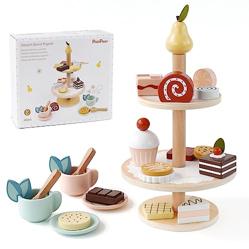 PairPear Tea Party Set Dessert Stand Playset -Wooden Toys Pretend Play Food Kitchen Accessories for Toddler Tea Set Birthday Gift