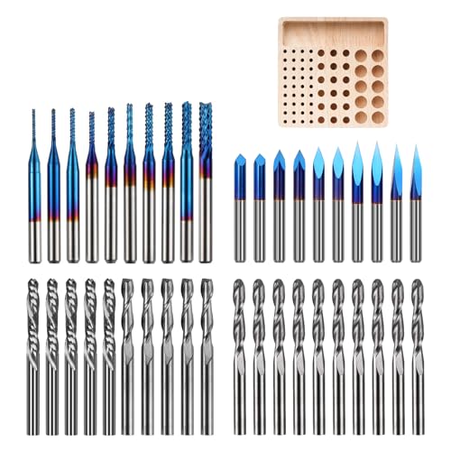40pcs End Mills CNC Router Bits with Milling Bit Storage Tray, 1/8" Shank CNC Cutter Milling Carving Bit Set Including 2-Flute Flat Nose & Ball Nose, V-Bit with Nano Blue Coating Bits
