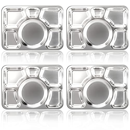 Hacaroa 4 Pack Stainless Steel Divided Dinner Plates, 15x10.6 Inches Snack Serving Plate with 6 Compartment, Metal Food Trays for Adults, Diet Food Portion Control, Picky Eaters