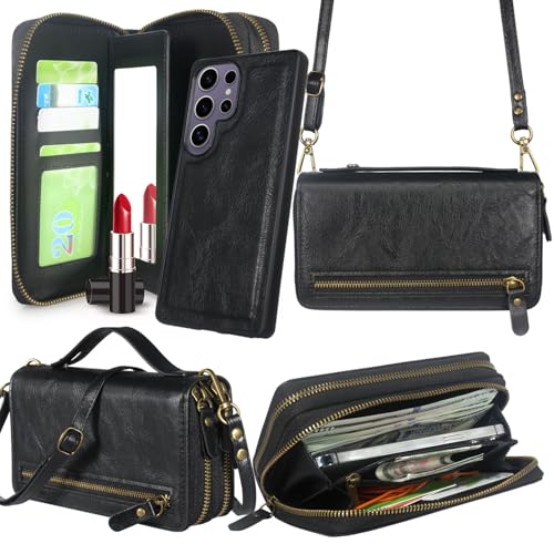 Harryshell Compatible with Samsung Galaxy S25 Ultra Case Wallet Multi Zipper Detachable Removable Cover Purse with Card Slots Holder Mirror Crossbody Wrist Strap for 6.9 inch (Black)