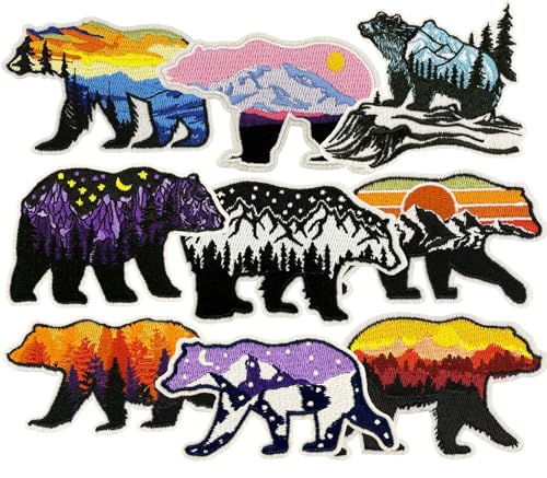 HEYTRCO 9PCS Adventure Bear Iron on Patches, Colorful Mountain Sunset Night Sky Embroidered Applique for Clothes, Custom Hiking Camping Patches for Trucker Hats, Jeans, Jackets, Bags, Backpacks, Dress