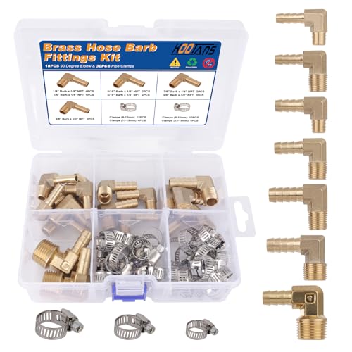 KOOTANS 18PCS Brass Hose Barb Fittings 90 Degree Elbow Barb to NPT Male Thread Adapter Kit 1/4" 5/16" 3/8" Barbed Air Hose Fittings with 30pcs Pipe Clamps for Water Fuel Air Line Connector Fitting