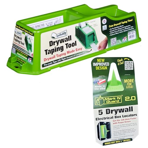 Mark N Guard Drywall Outlet Marker & Protects Wires Inside Electrical Box with TapeBuddy Drywall Taping Tool Applies Mud to Tape in 1-Step w/ 2 Mud Thickness Options - USA Made by Buddy Tools