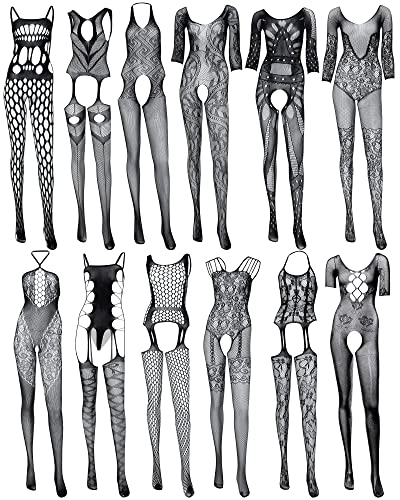 12 Pieces Women's Fishnet Lingerie Mesh Bodysuit Lace Smock Lingerie for Women (Stylish Style)