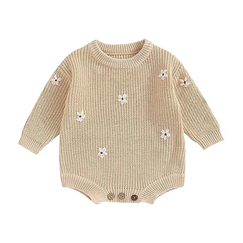 SAYOO Baby Sweater Romper Toddler Girl Oversize Embroidery Knit Pullover Sweater Warm Sweatshirt Romper Fall Winter Clothes (Apricot, 0-3 Months)