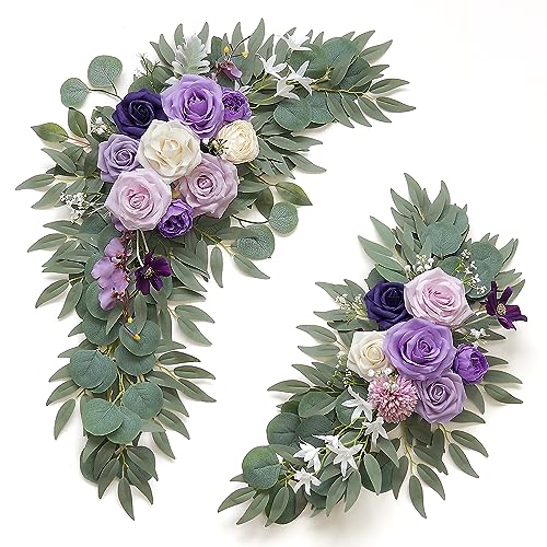 Olalaka Faux Flower Swag Set of 2 for Wedding Welcome Signs Floral Decorations, Purple Wedding Arch Flowers for Wedding Ceremony (Lilac & Purple & Cream)