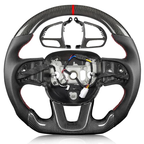 Tesfeel Heated Steering Wheel for Charger for Dodge Challenger 2015-2024 Real Carbon Fiber Steering Wheel D-shaped Flat-bottom Perforated Leather Grip (SXT/GT/RT/SRT) with Adapter with Carbon Trims