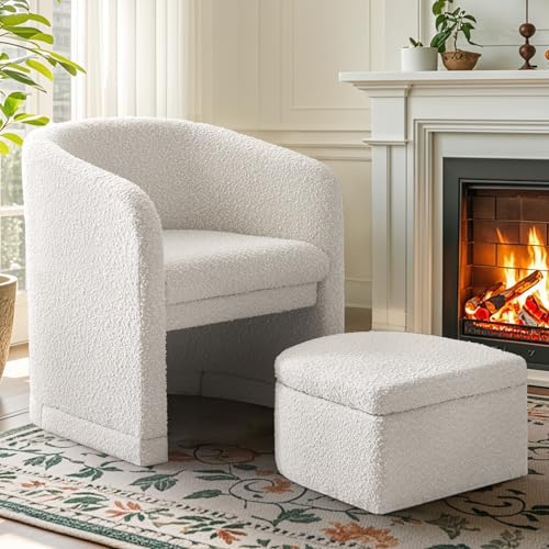ELUCHANG White Accent Chair with Storage Ottoman, Upholstered Barrel Arm Chair with Footrest, Modern Living Room Side Chair for Bedroom/Office/Small Space, Premium Boucle