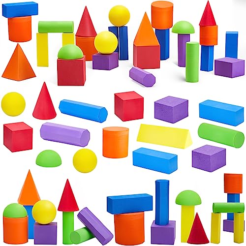 Wettarn 24 Pieces Large Size Foam Geometric Solid Blocks 3D Shapes Assorted Colors Foam Blocks for Teaching School, Family, Toddlers, Preschool Supplies, 12 Shapes