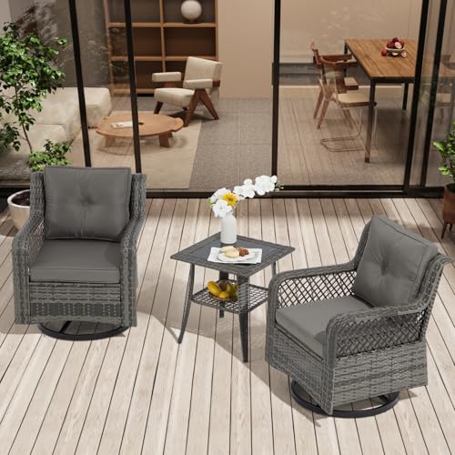 Suvivityse 3 Piece Patio Set Outdoor Swivel Chair, Wicker Patio Bistro Set with Rocking Chair, Side Table for Garden Porch Backyard(Light Grey)