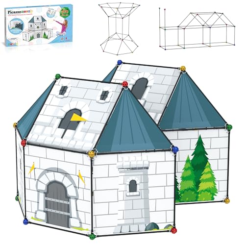 PicassoTiles Fort Building Kit 376 Pieces Kids STEM Educational Learning Construction Play Toy Indoor and Outdoor DIY Build Forts Castles Tents Playhouse with Cloth Cover Print Boy Girl Ages 5+ PTC126