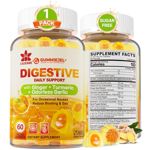 LILICARE Ginger Chews Supplement Gummies for Nausea, Stomach Relief - Sugar Free with Turmeric & Odorless Garlic, Quercetin, Vitamin D3, Ultra Absorption for Digestive Support - 60 Count (Pack of 1)